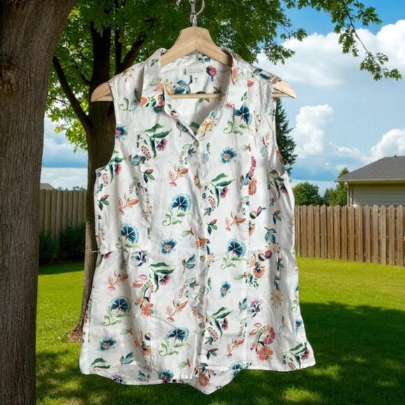 J. Jill Women's MP Petite Medium 100% Linen White Floral Sleeveless Tunic Blouse - Picture 1 of 9